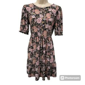 AUW floral mini summer dress black pale pink mauve yellow green short sleeved S.
